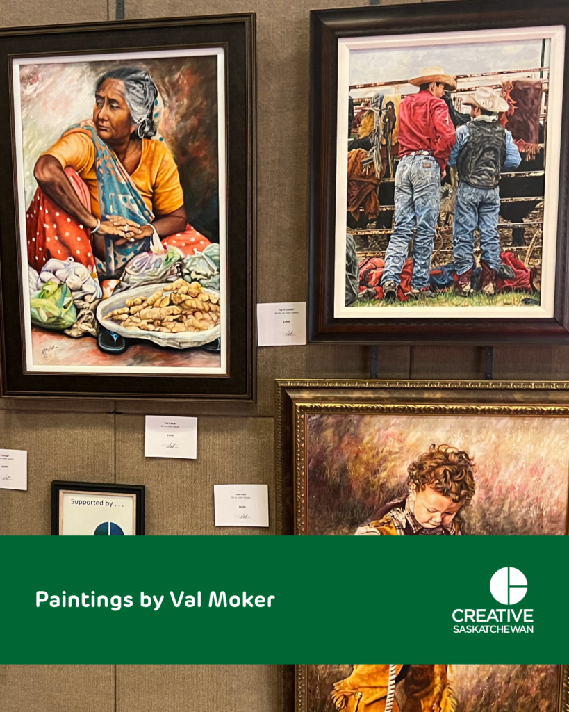 Val's paintings. The one on the left is of an East Indian women sitting on the ground, selling food at a market the one on the right shows two cowboys, a father and son, on the farm.
