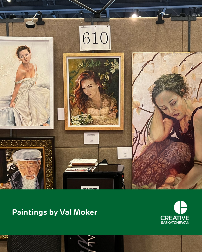 Various paintings from left to right: a white, brunette woman in a white dress, a white woman with red hair surounded by a flower bush, a woman with dark hair in a red dress. The painting below is of an elderly Asian man in a white cap.