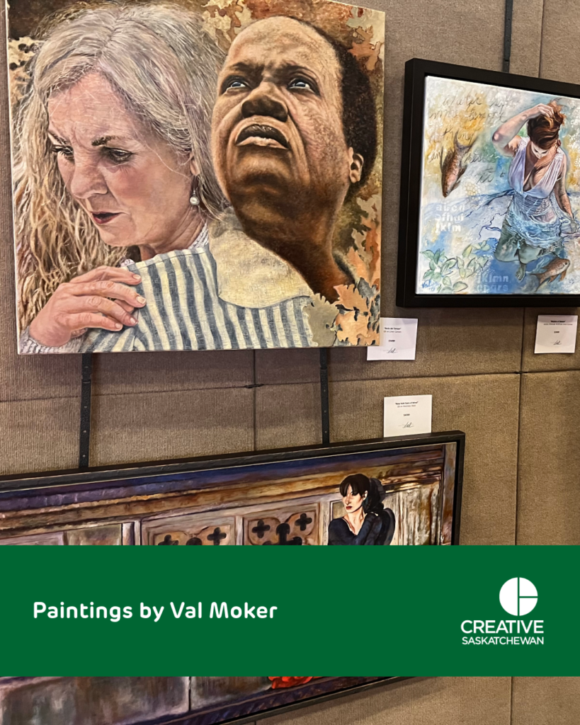 Paintings, the first is of two women a black woman stares solemly up to the sky, a white woman with grey hair stands behind her with a hand on her shoulder. The painting beside it shows a white woman waist deep in a pond, she wears a lilac dress and holds her hair up. A long, horizontal painting below them is a white woman with short black hair sitting on bench in front of a mosaic tiled wall.