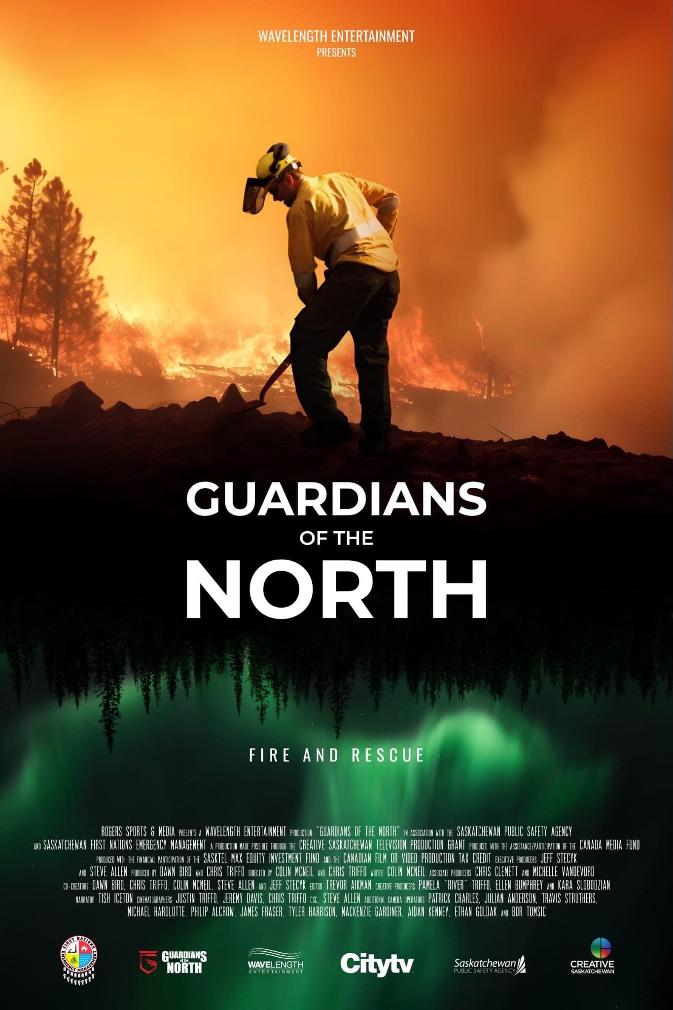 A movie-style poster of a wildfire with a fire fighter shoveling the ground. The title reads "Guardians of the North: Fire and Rescue" with credits and logos underneath.