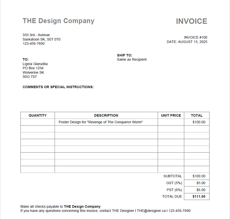 A sample invoice is attached, showing the unit price for services outlined in the application.