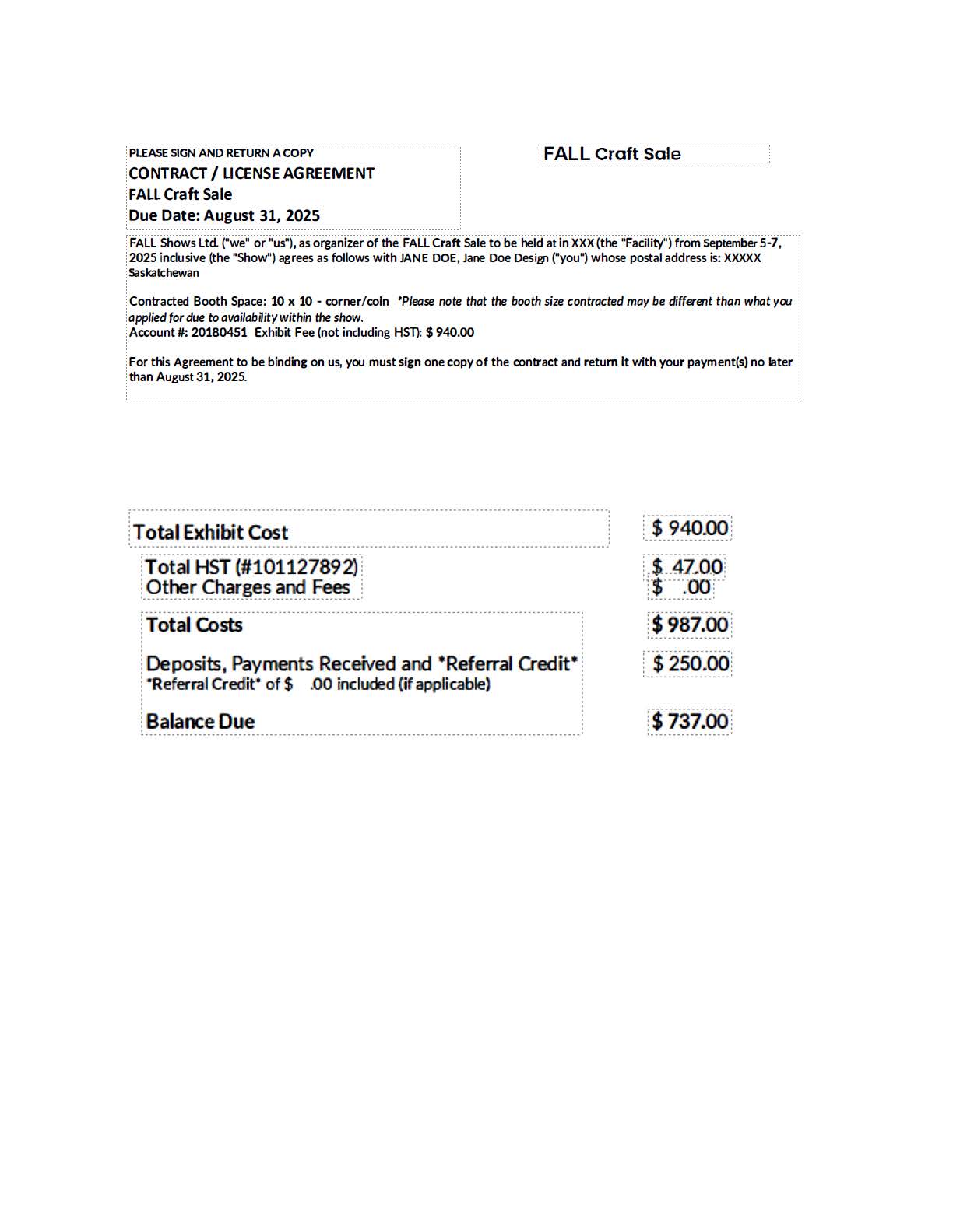 A screenshot of a sample event registration form with the costs listed is provided.