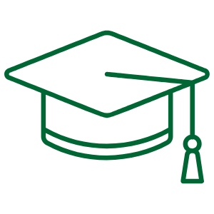A green icon depicting a graduation hat.
