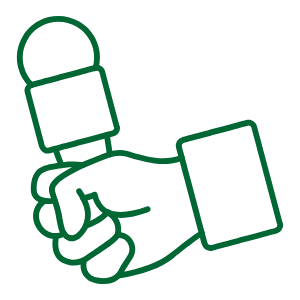 A green icon depicting a hand holding out a microphone.