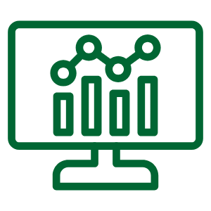 A green icon depicting a computer screen displaying graphs and charts.