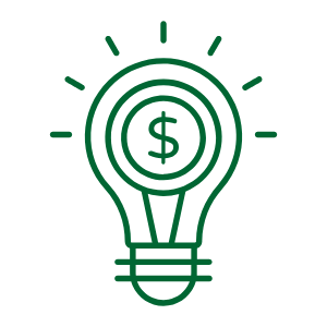 A green icon depicting a lightbulb with a dollar sign.