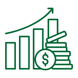 A green icon depicting a bar chart increasing in height with a dollar sign and coins.