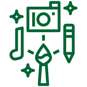 A green icon depicting a camera, music note, pencil, and paintbrush. There are sparkles at the edges.