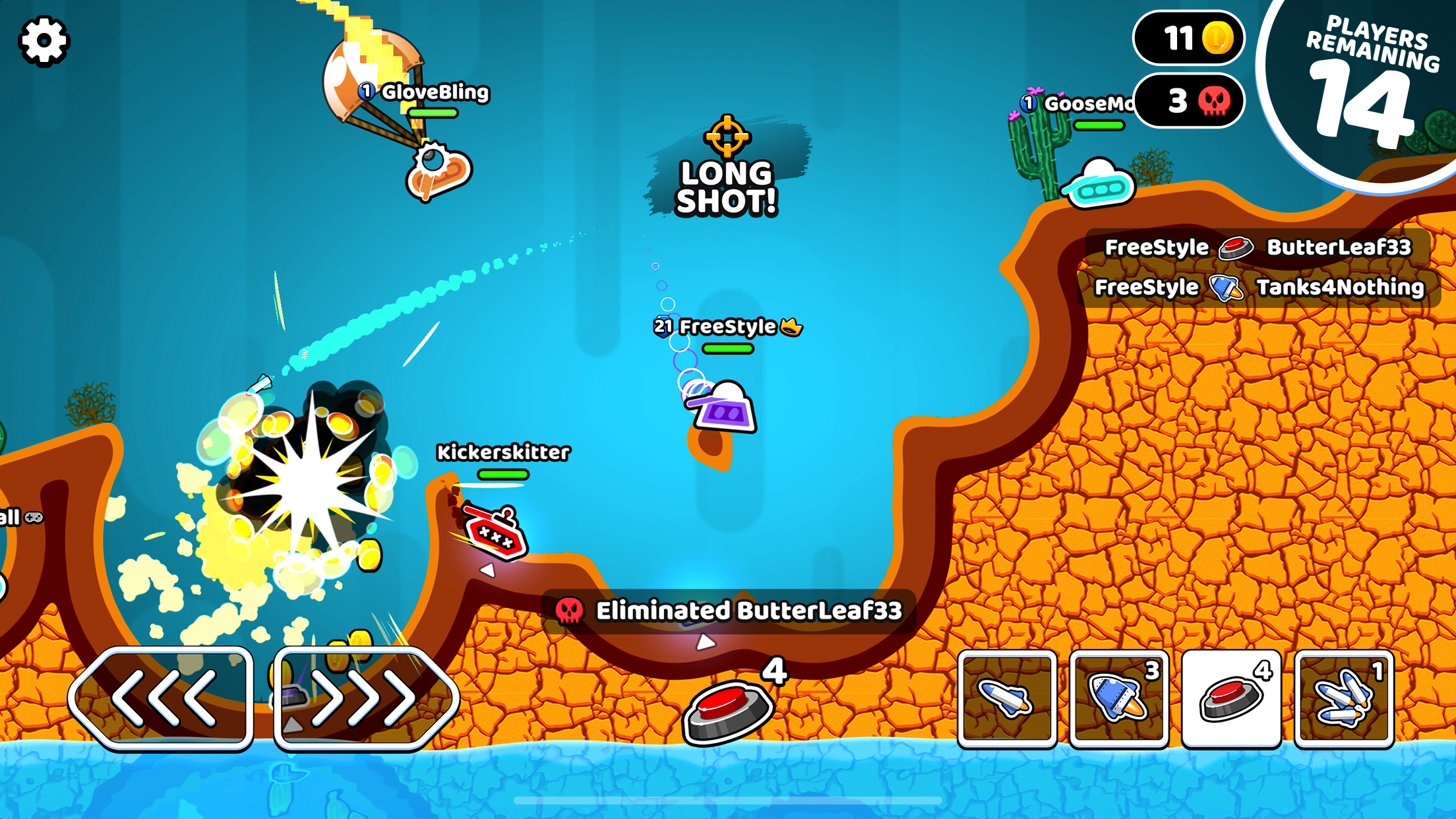 A screenshot of a colourful video game featuring tranks, explosions, and animated characters battling.