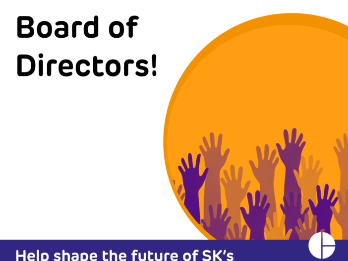 A white background with an orange circle containing purple silhouettes of raised hands. Text along the top reads "Join our board of directors!" Text along the bottom reads "Help shape the future of SK's creative industries" next to the Creative Saskatchewan logo.