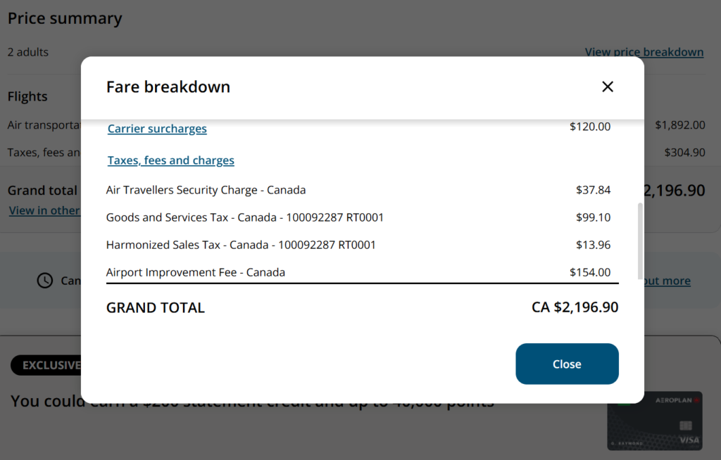 A screenshot of a flight price breakdown.