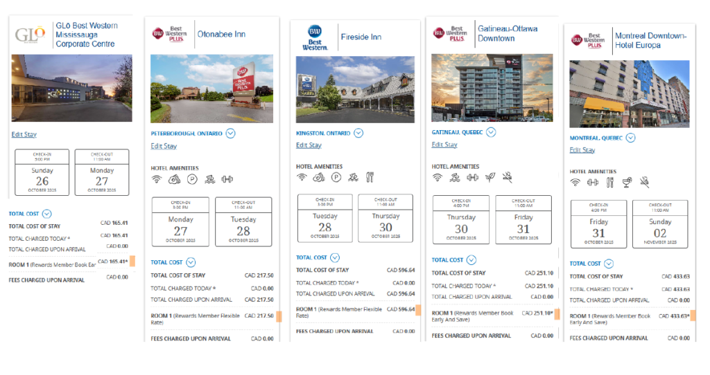 A screenshot of various hotel rates found online.