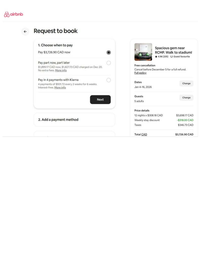 A screenshot of an Air BNB booking, including costs.